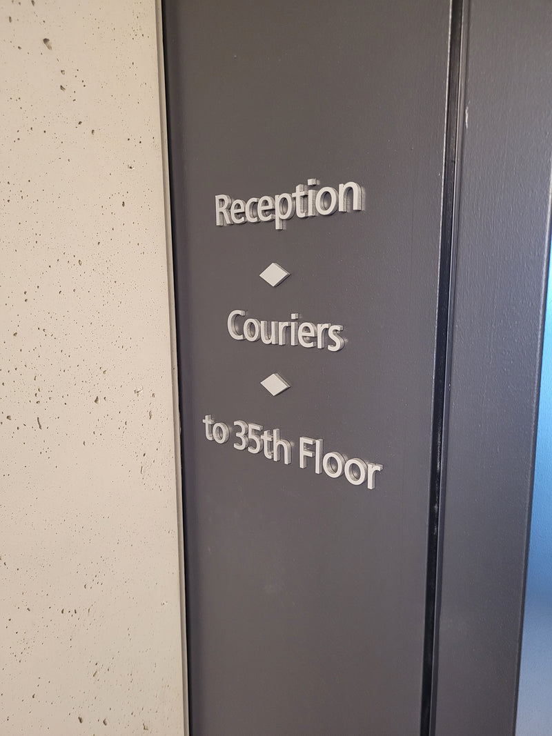 1. Custom all Stainless Steel six blade directory.
2. Brushed aluminum wayfinding dimensional letters.